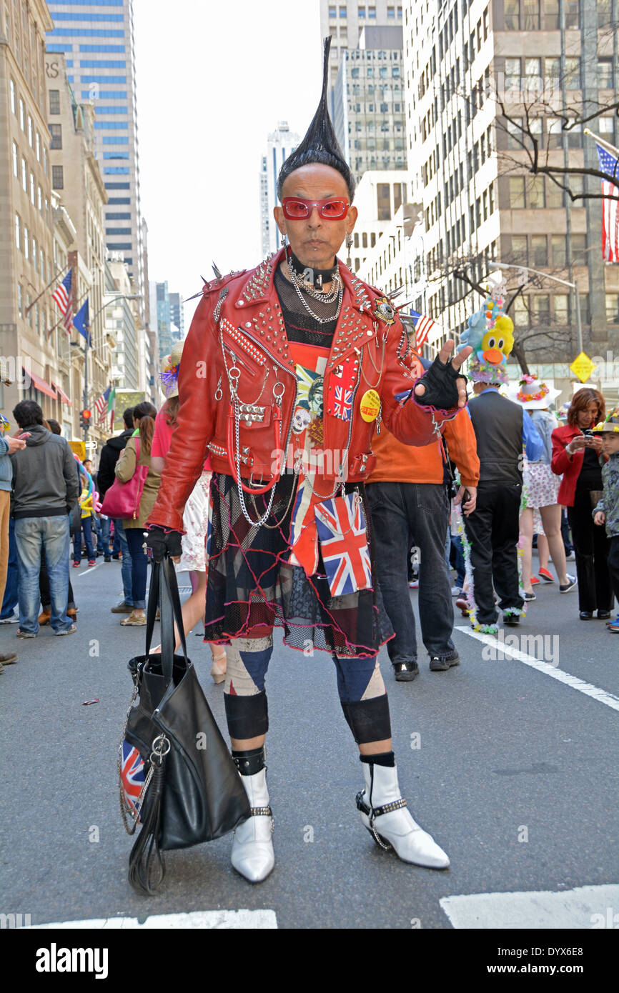 A man in a bizarre outfit with strange jewelry and hair at the Easter Parade in Midtown Manhattan, New York City Stock Photo