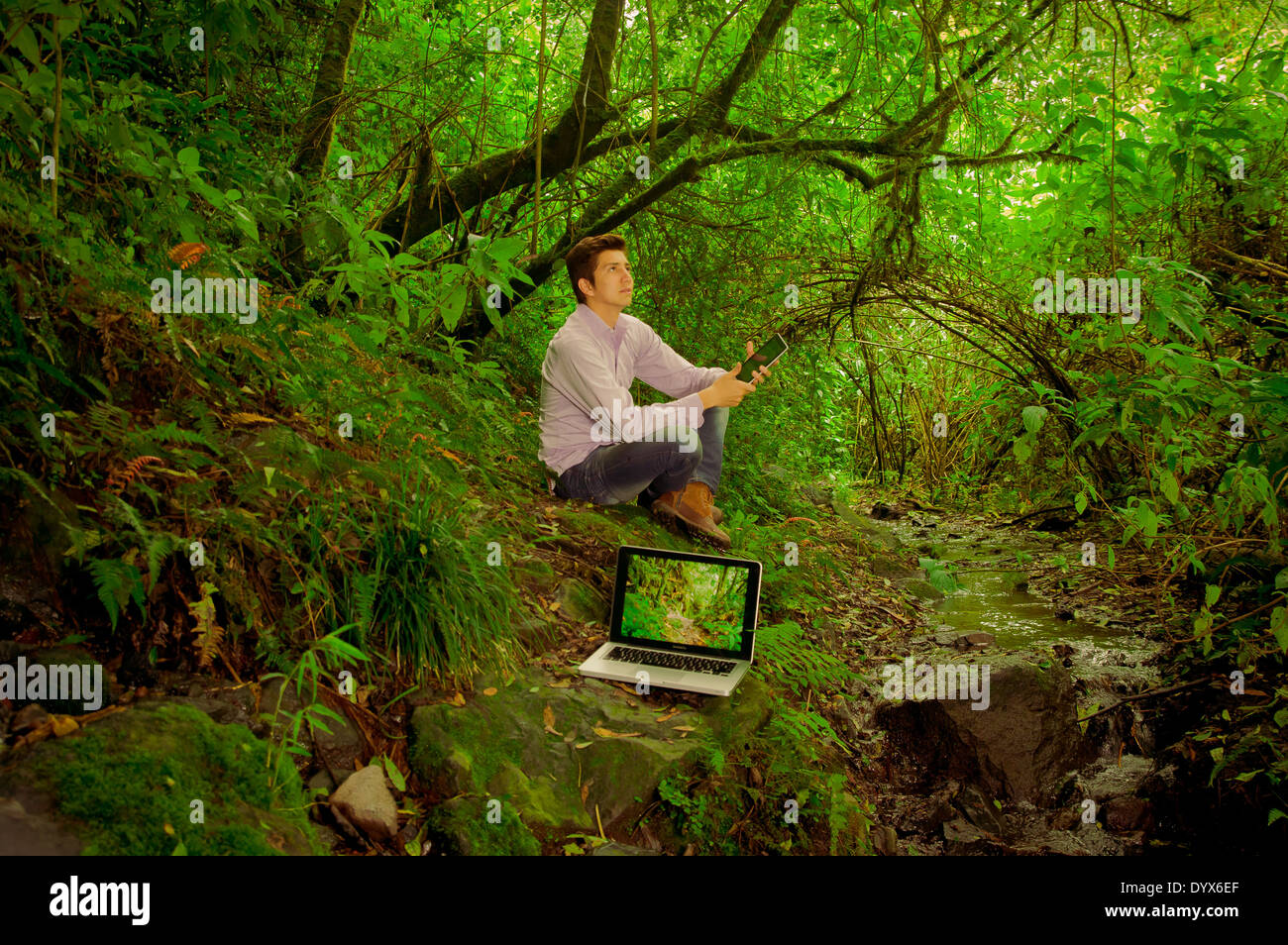 man using tablet and laptop in the jungle Stock Photo