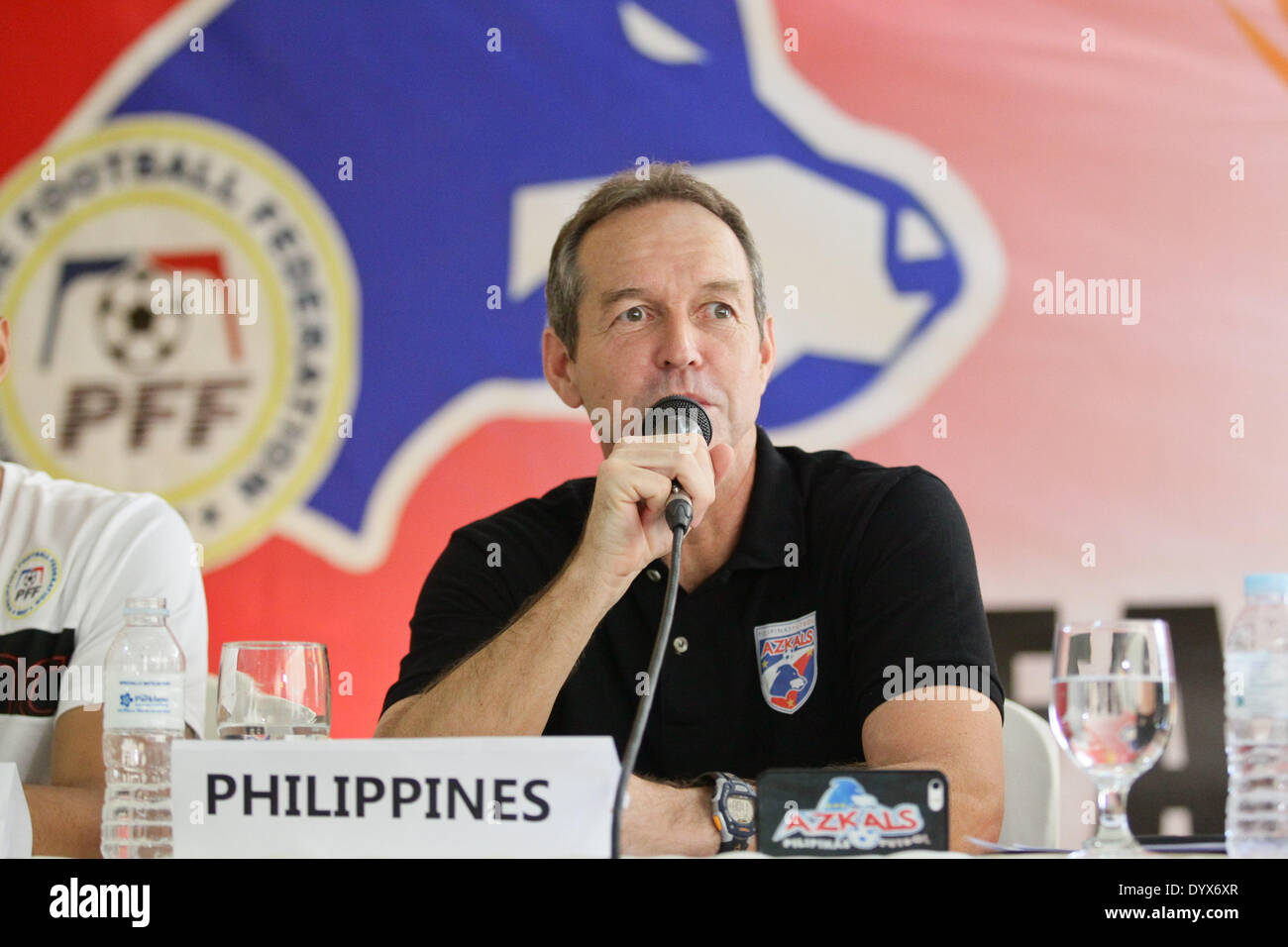 Cebu, Philippines. 26th Apr, 2014. The Philippine's head coach Thomas Dooley answers questions from the media during the Philippines vs Malaysia press conference held in Cebu on April 26, 2014. © Mark Cristino/NurPhoto/ZUMAPRESS.com/Alamy Live News Stock Photo