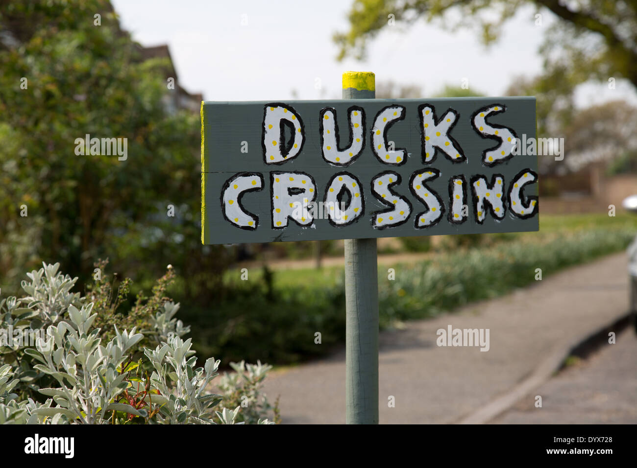 Duck crossing sign in a small village in Suffolk Stock Photo