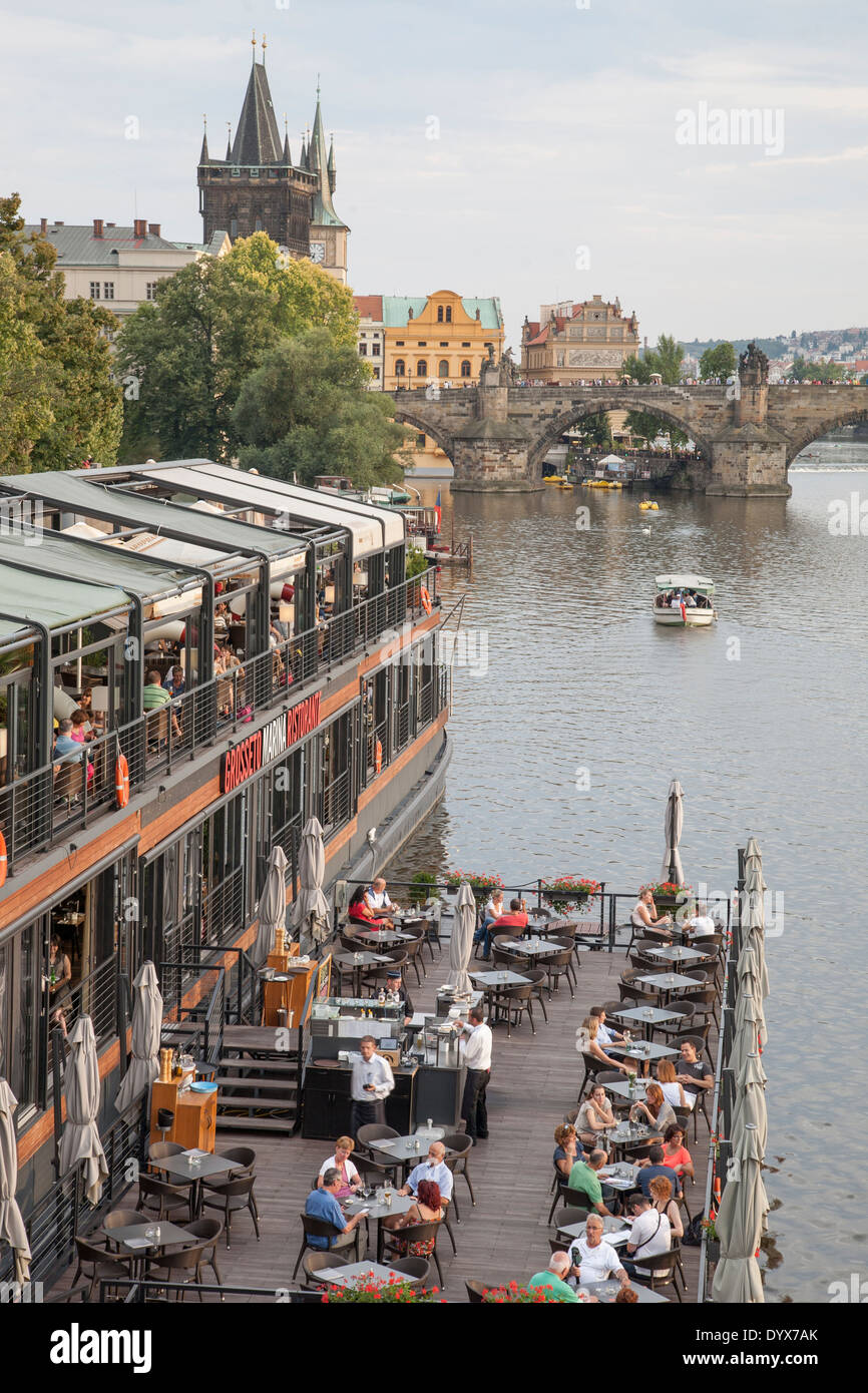 Grosseto Marina Restaurant and Charles Bridge, Prague, Czech Republic Stock Photo