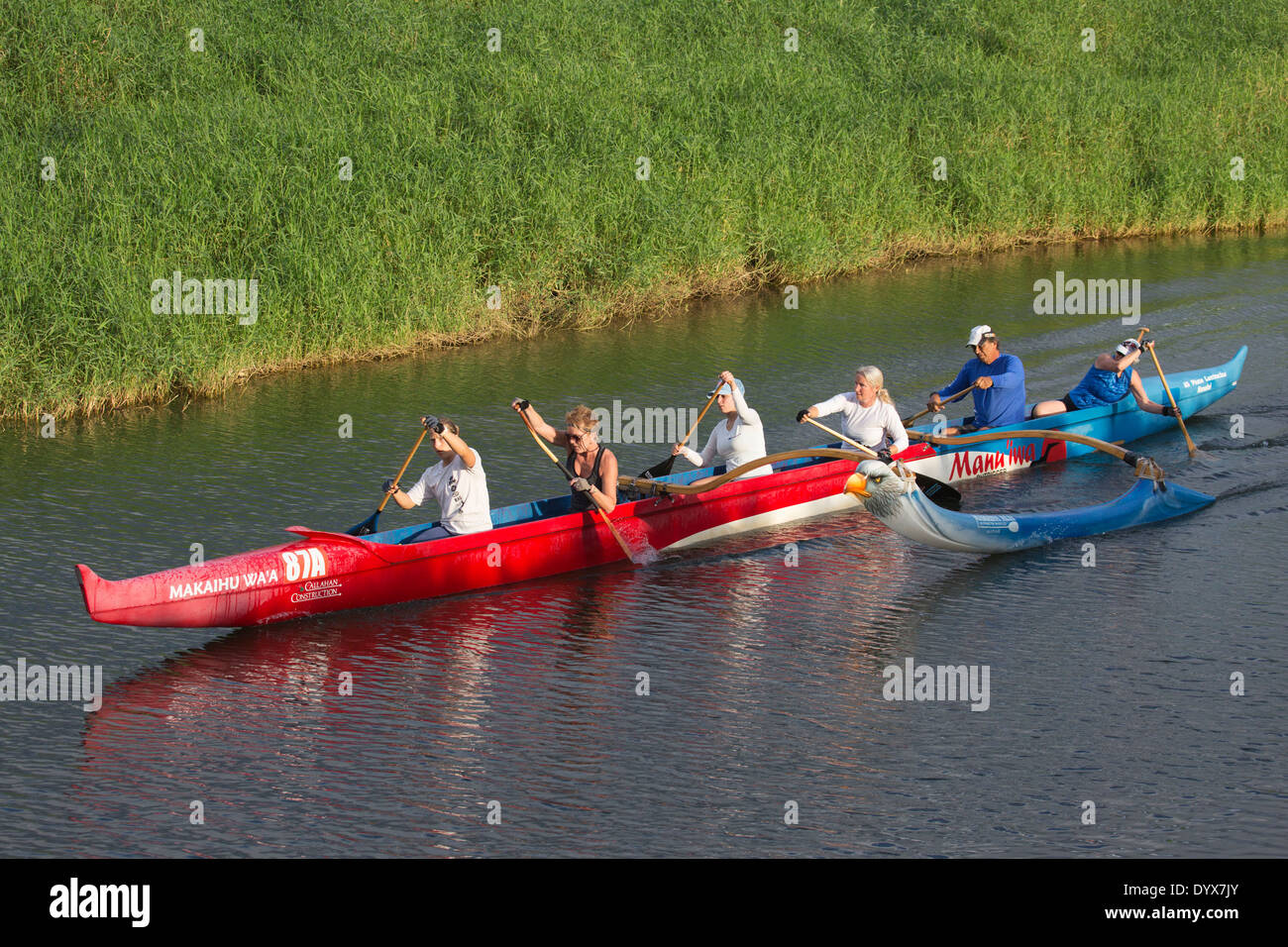 Women training in outrigger canoes in the Hanalei River, on the north shore of Kauai. Outrigger canoe paddling is the Hawaiian state team sport. Stock Photo