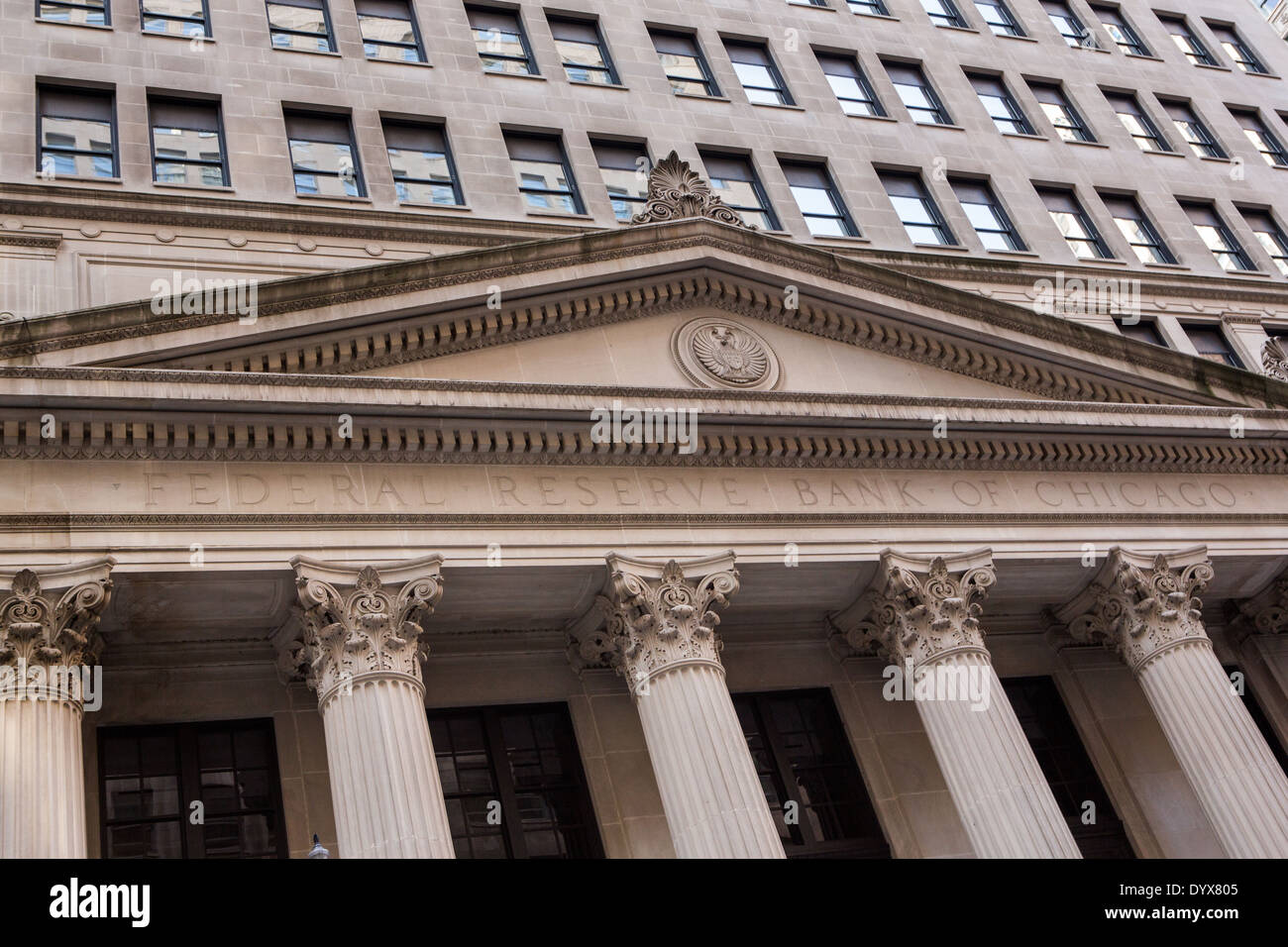 Facade of the Federal Reserve Bank building on LaSalle Street in the Financial District Chicago, IL. Stock Photo