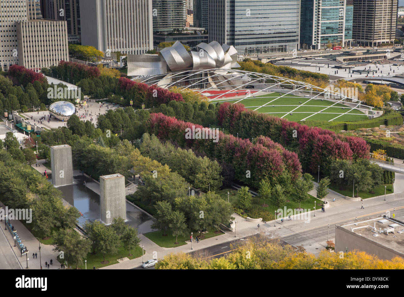 Aerial view of Millennium Park from the Cliff Dwellers Club in Chicago, Illinois USA Stock Photo