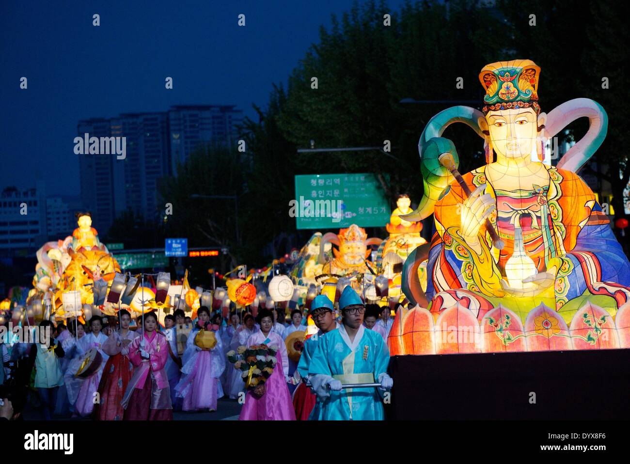 Seoul, South Korea. 26th Apr, 2014. South Korean Buddhists parade during the Buddha Era 2558 Lotus Lantern Festival to celebrate Buddha's birthday on May 6th. Credit:  Jun-Sang Lee/ZUMA Wire/ZUMAPRESS.com/Alamy Live News Stock Photo