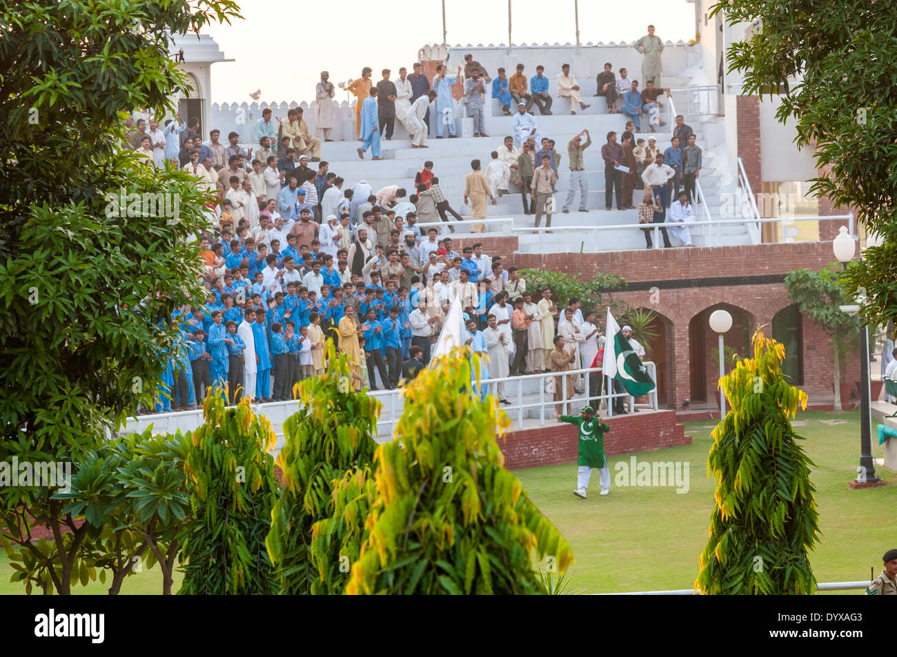 The Wagah border closing 'lowering of the flags' ceremony at India-Pakistan border Attari near Amritsar, Punjab, India. Stock Photo