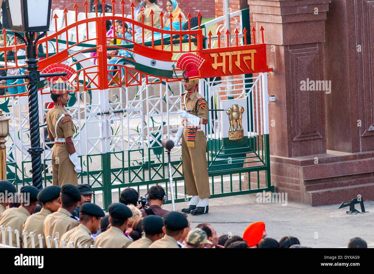 The Wagah border closing "lowering of the flags" ceremony at India