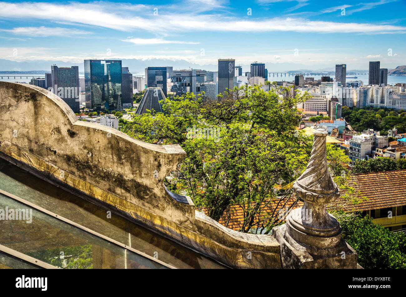 The contrast between an historic building (Ruins Park) and modern skycraper in Rio de Janeiro, Brazil Stock Photo