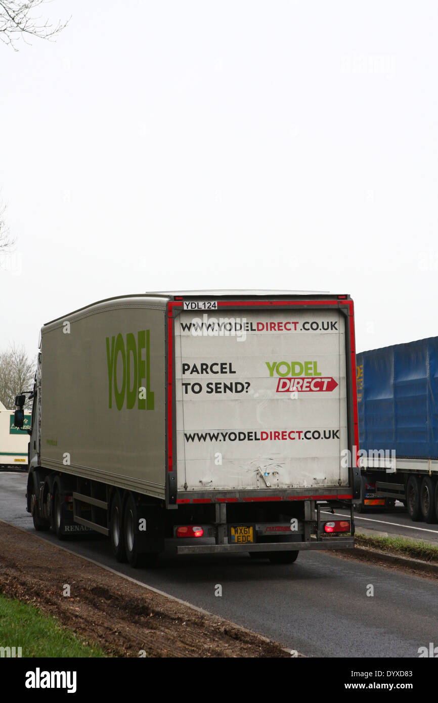 A Yodel truck entering a lay-by on the A46 dual carriageway in Leicestershire, England Stock Photo