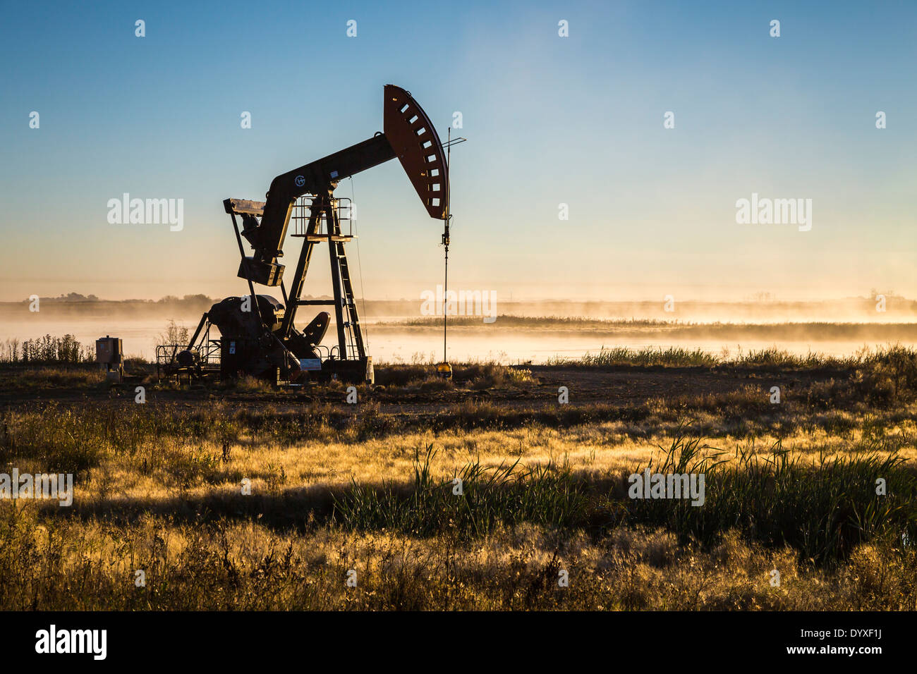 Bakken oil field pumpers at sunrise near Stoughton, Saskatchewan, Canada. Stock Photo