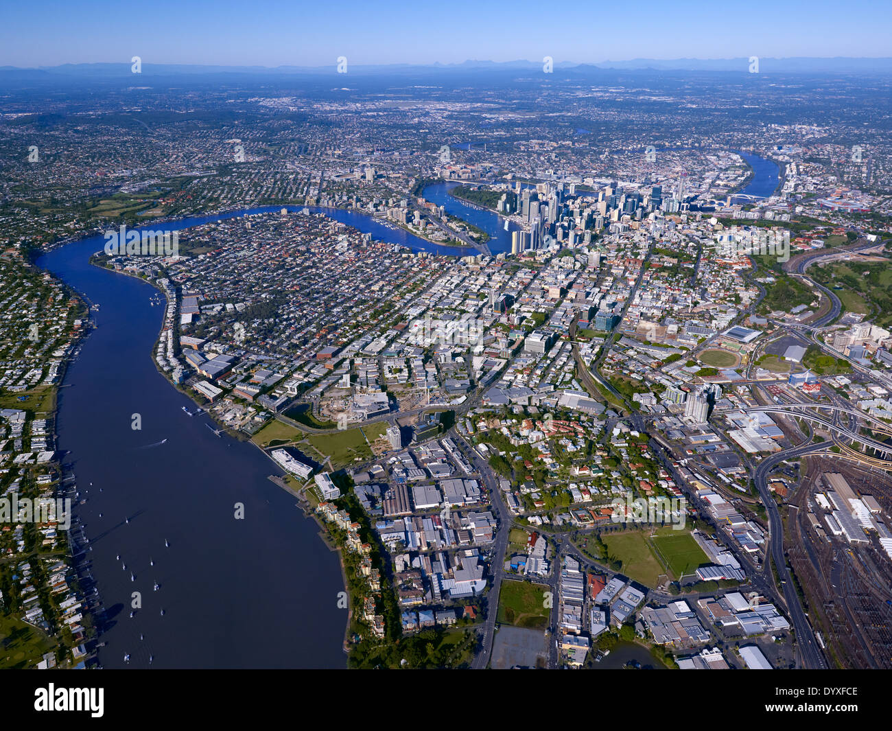 Aerial view of New Farm and Teneriffe Brisbane Australia Stock Photo