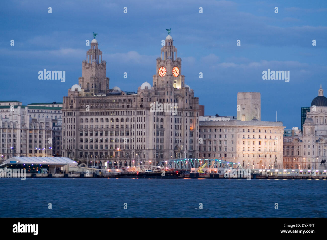 The liver building on liverpool water front at dusk Stock Photo