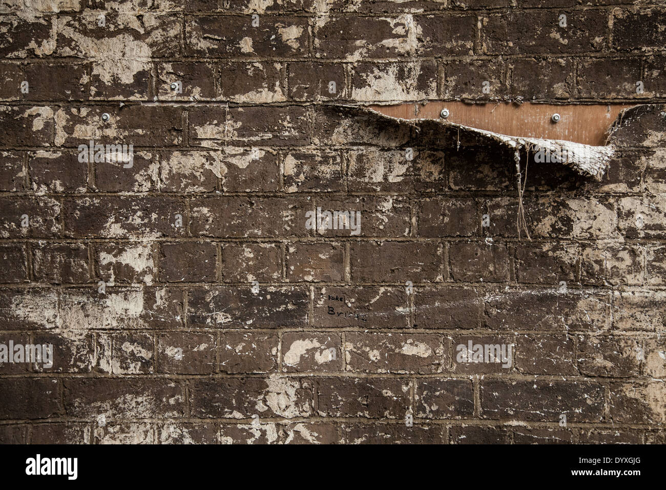 A tear in a fabric used to make a fake brick wall on a theatre set revealing the wooden background Stock Photo