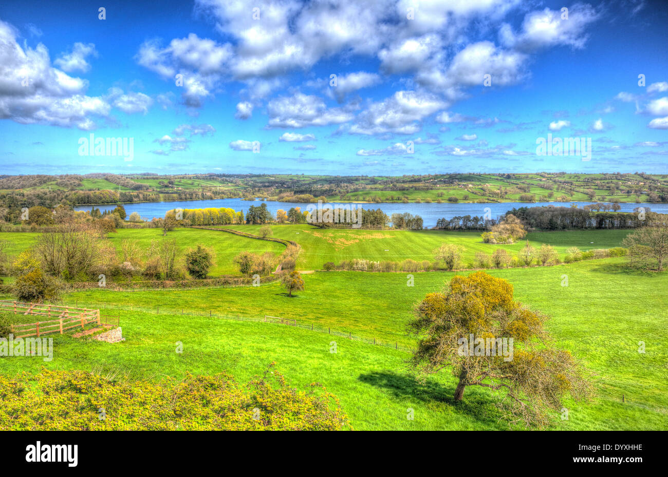 Blagdon Lake Somerset English countryside England UK in colourful HDR Stock Photo