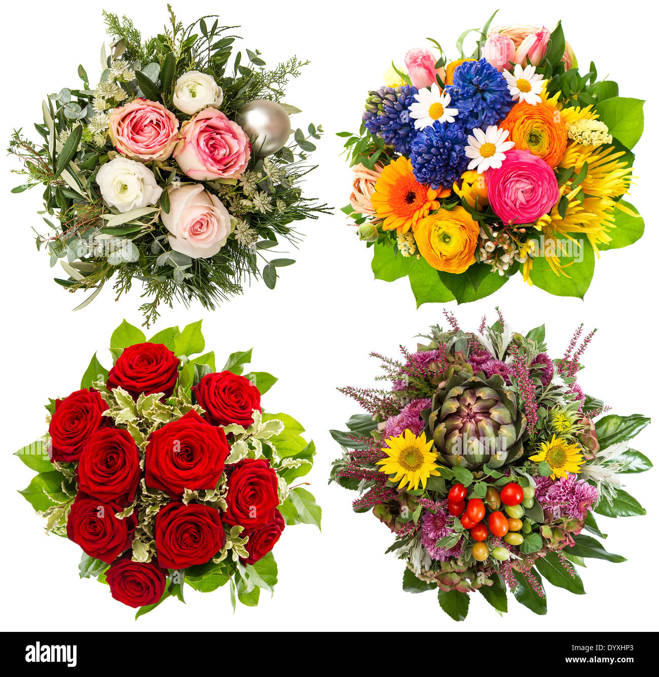 four colorful flowers bouquet for seasons winter, spring, summer and autumn Stock Photo