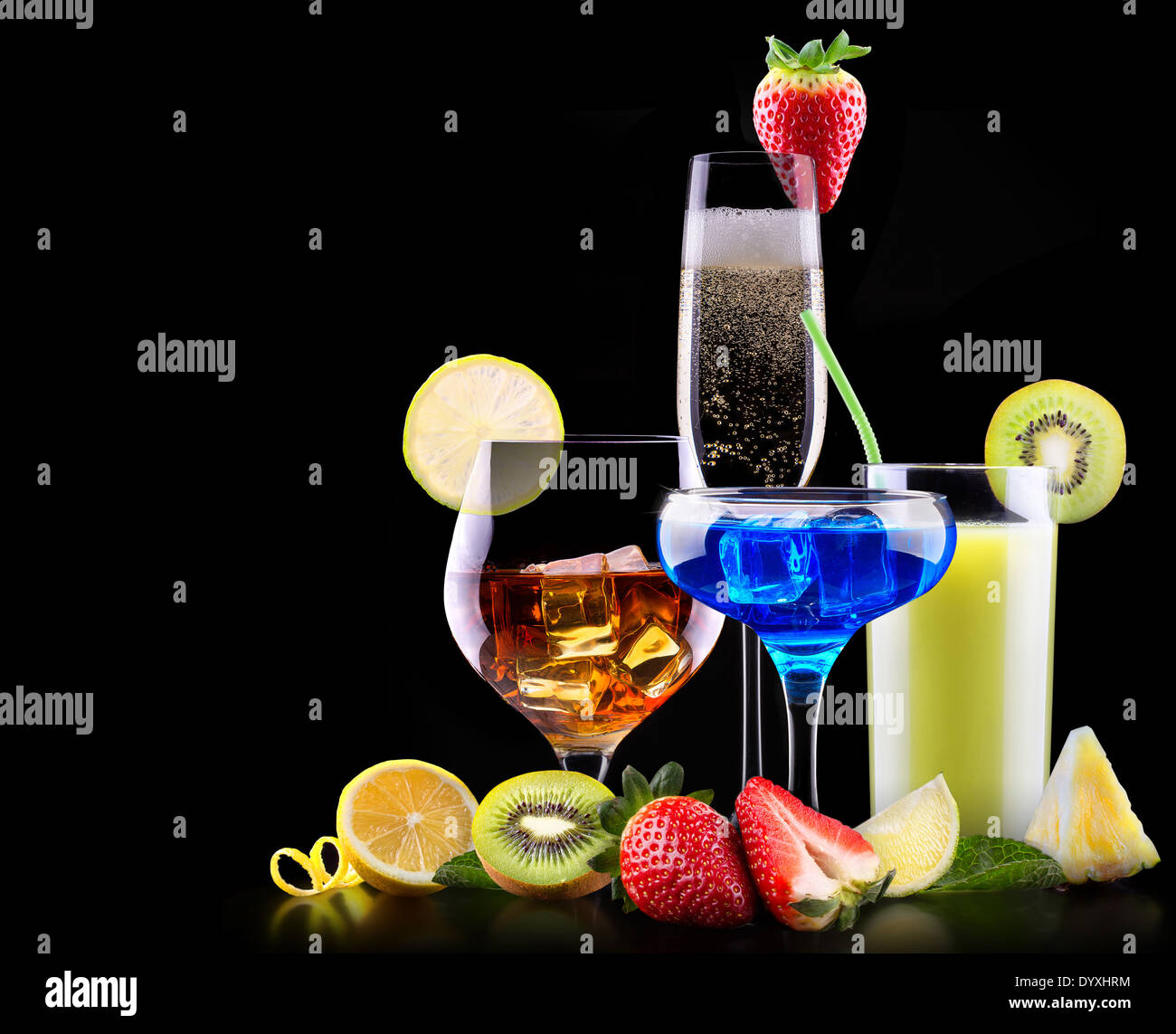 different alcohol drinks set beer, wine, cocktail, juice, champagne