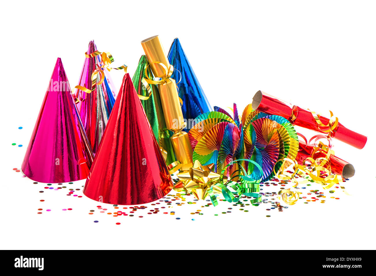party decoration. colorful garlands, streamer, hats and confetti on white background Stock Photo