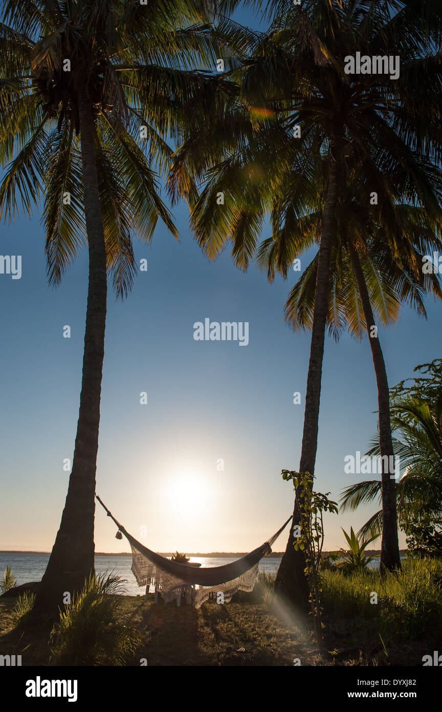 Itaparica Island, Bahia State, Brazil. Cacha Pregos. Hammock between two palm trees by the sea. Stock Photo