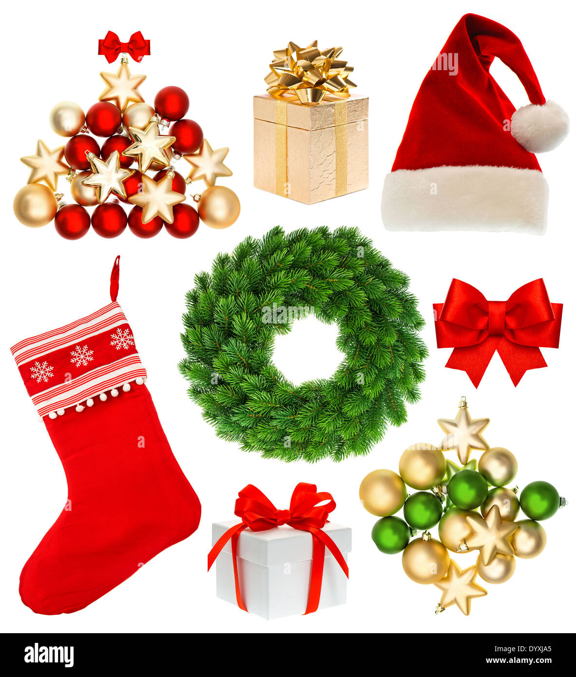 Christmas collection isolated on white background. Set with stocking, gifts, wreath, sock, hat, sled, baubles, ribbon bow Stock Photo