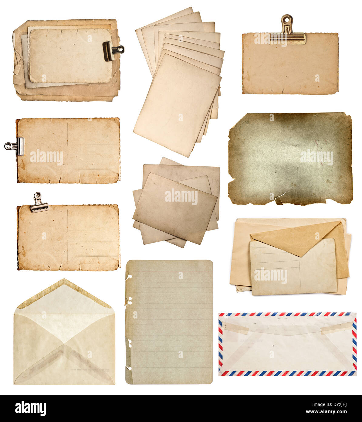set of various old paper sheets. vintage photo album and book pages, cards, envelopes isolated on white background Stock Photo