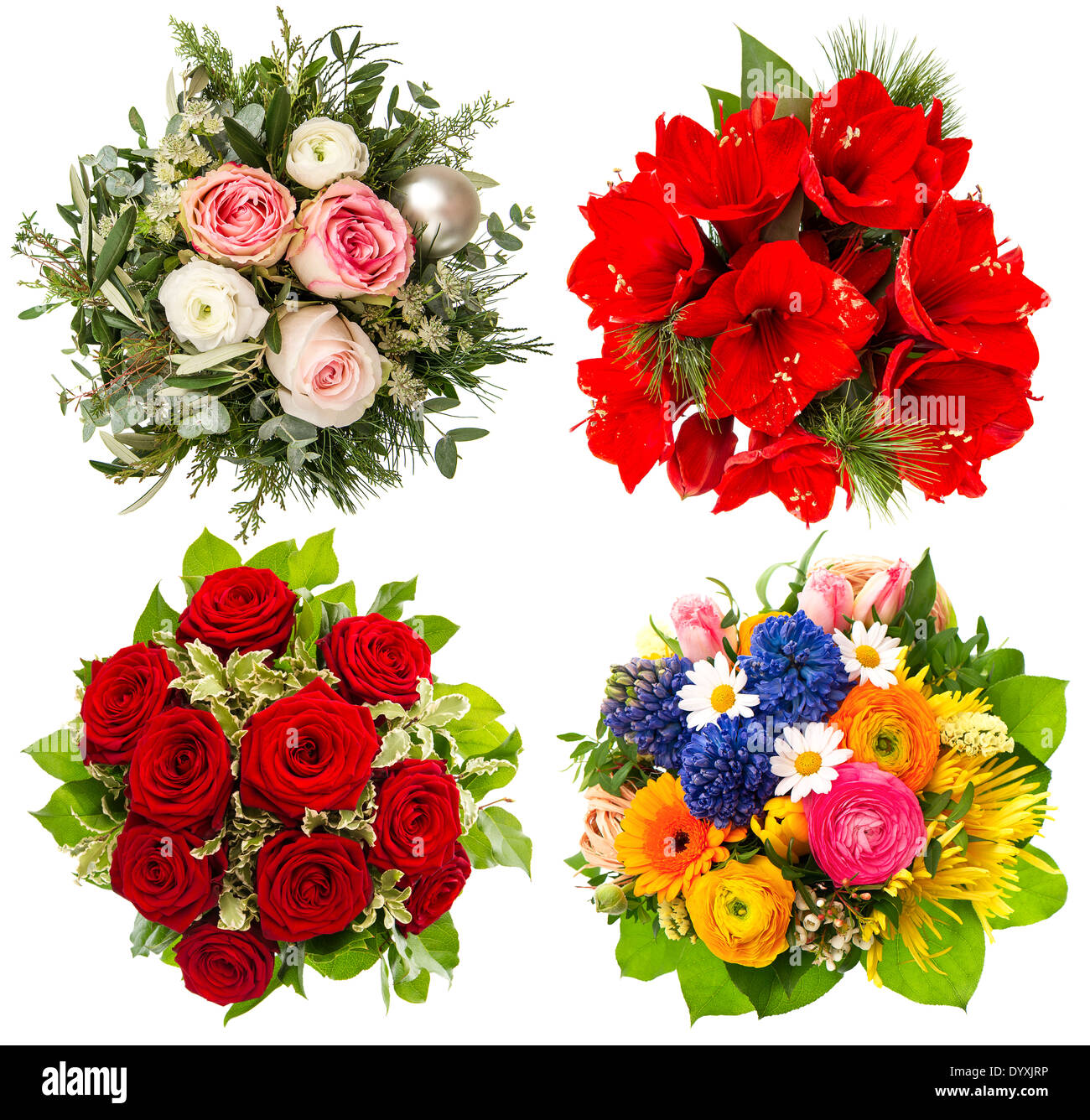 four colorful flowers bouquet. roses, amaryllis, tulips isolated on white background Stock Photo