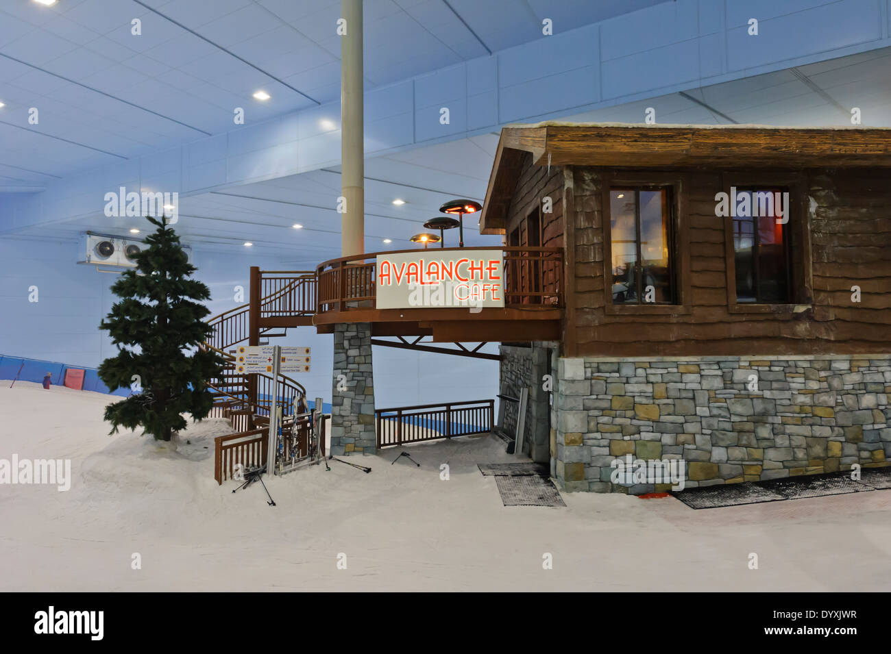 Cabin at the top of the snow slope in the indoor Ski Dubai resort, Dubai, United Arab Emirates, UAE. Stock Photo