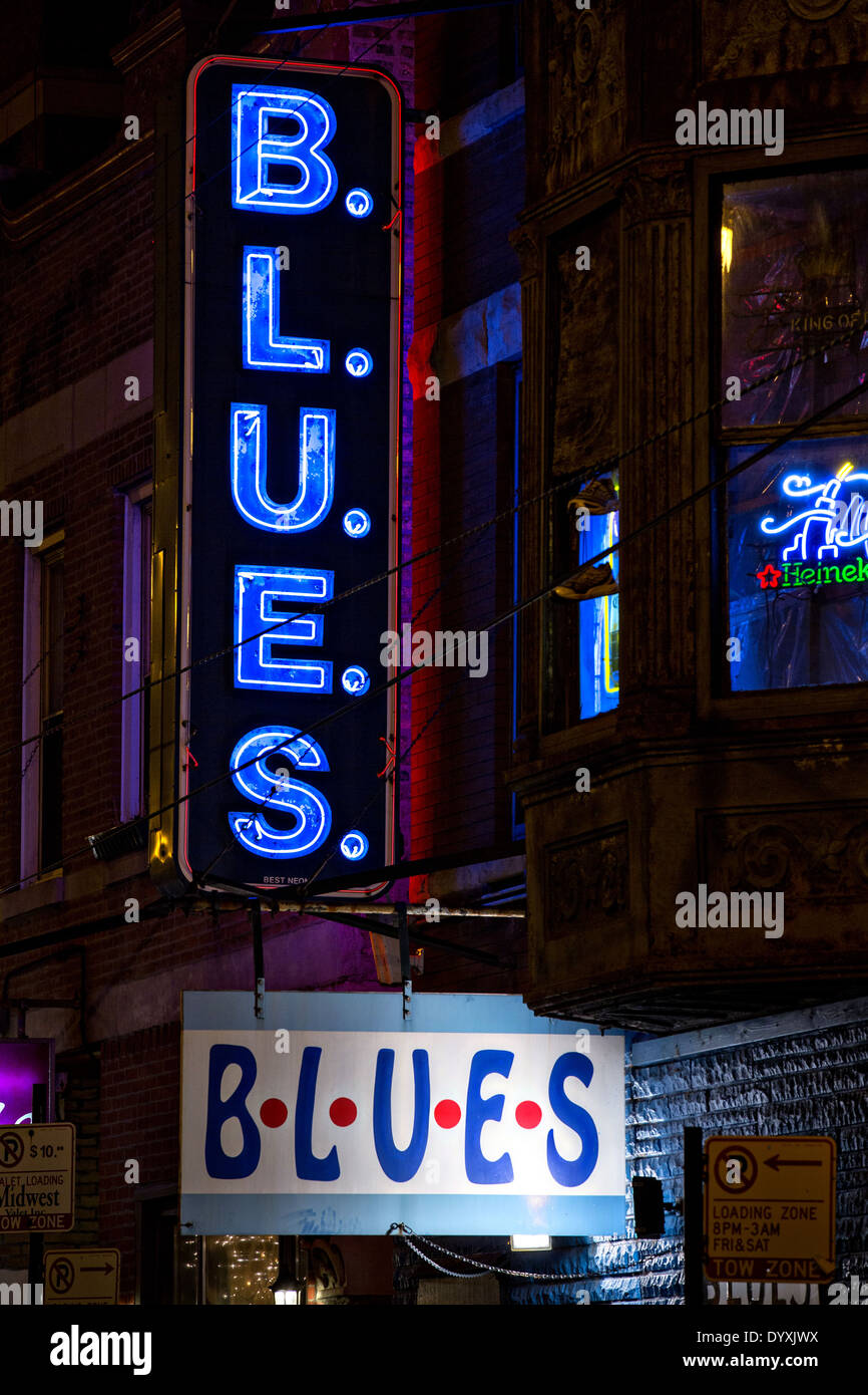 Neon sign at B.L.U.E.S club in Chicago, Illinois USA Stock Photo