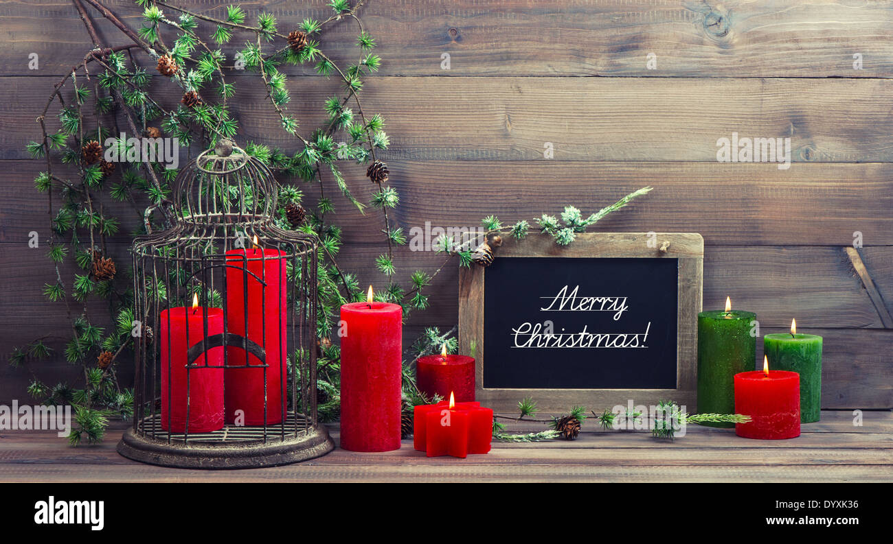 Vintage Christmas Decoration Birdcage Red Candles And Pine Branch