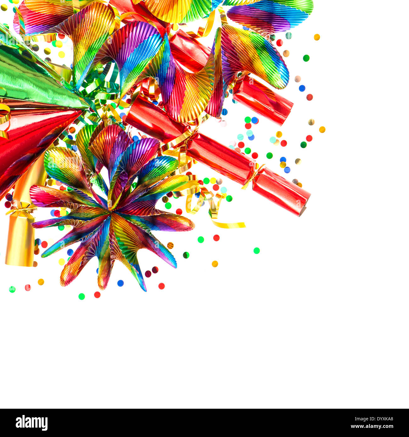 colorful garlands, streamer, party hats and confetti. festive decorations background. carnival items Stock Photo