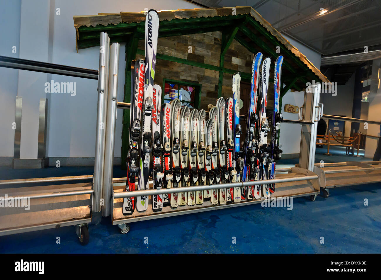 Ski equipments in the indoor Ski resort in Dubai, United Arab Emirates, UAE. Stock Photo