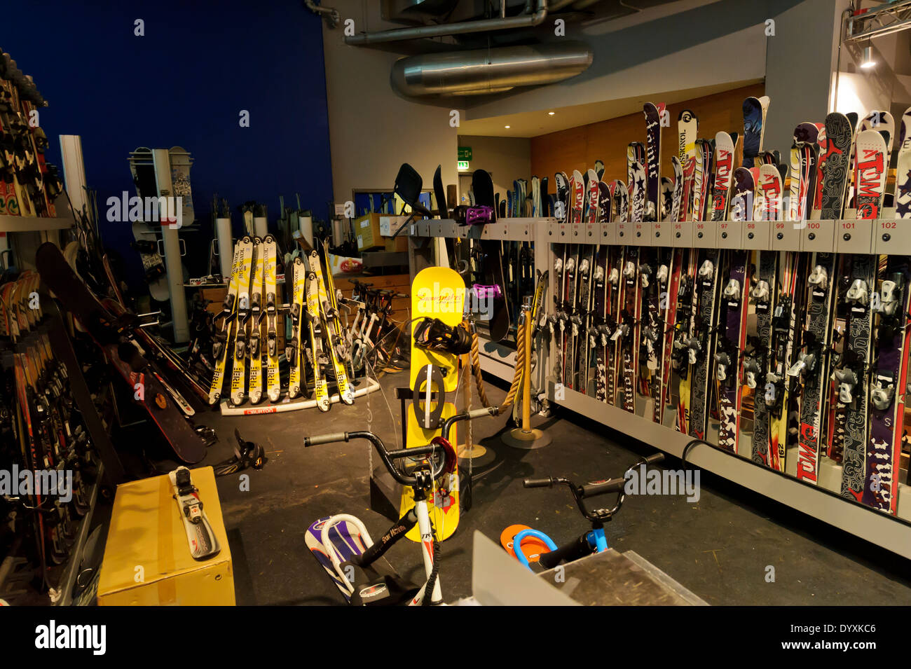 Ski equipments for hire at the indoor Ski resort in Dubai, United Arab Emirates, UAE. Stock Photo