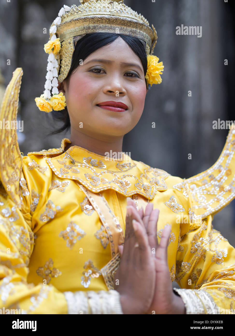 Khmer Dancer in Apsara costume at Bayon Temple within the walls of Angkor Thom, Siem Reap, Cambodia Stock Photo