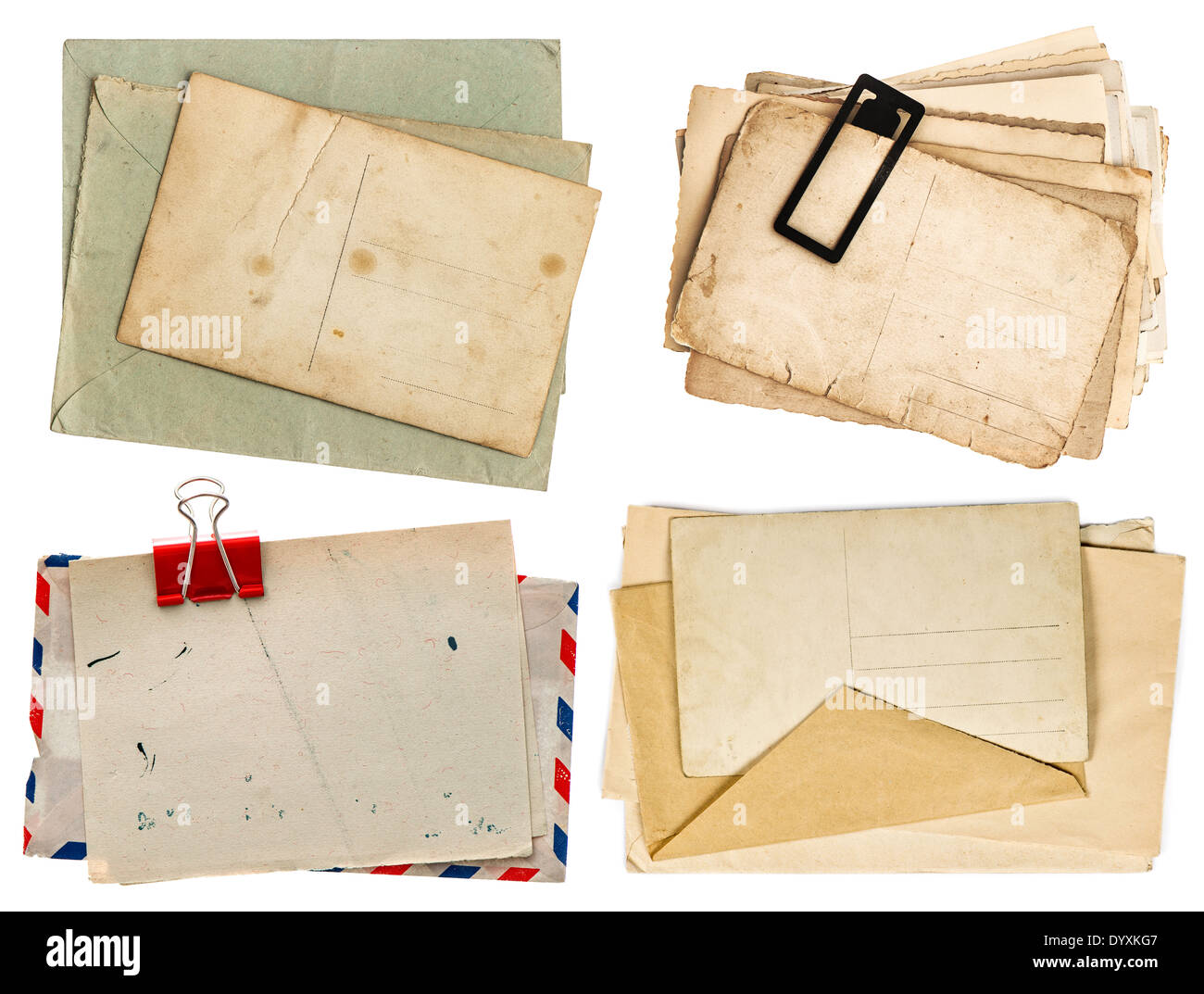 old postcards isolated on white background. vintage paper sheets with clip. air mail envelope. retro design Stock Photo