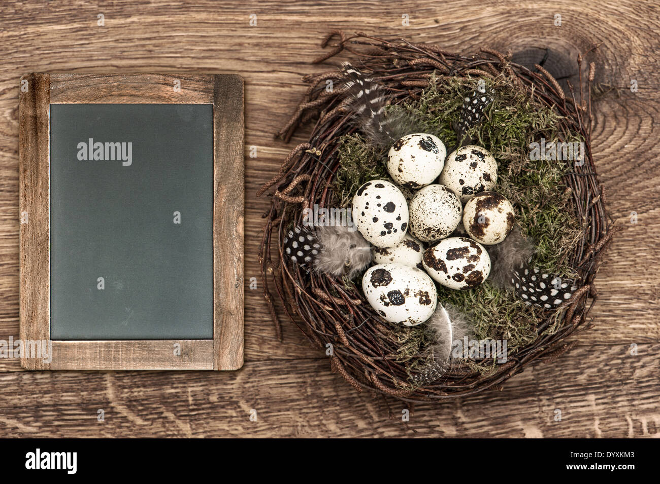 birds eggs in nest on rustic wooden background. vintage easter decoration with blackboard for your text Stock Photo