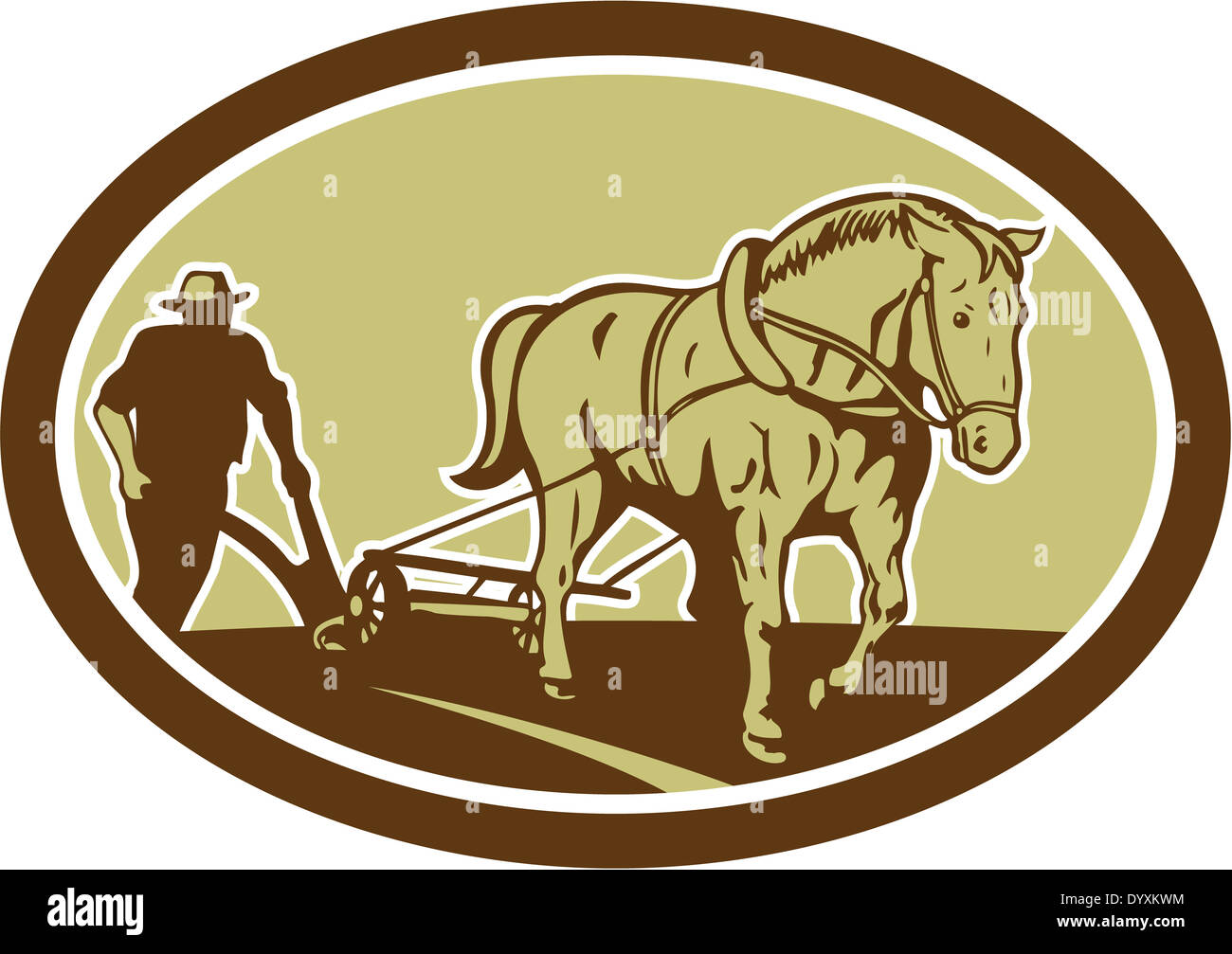 Illustration of farmer and horse plowing farmer field viewed from front ...