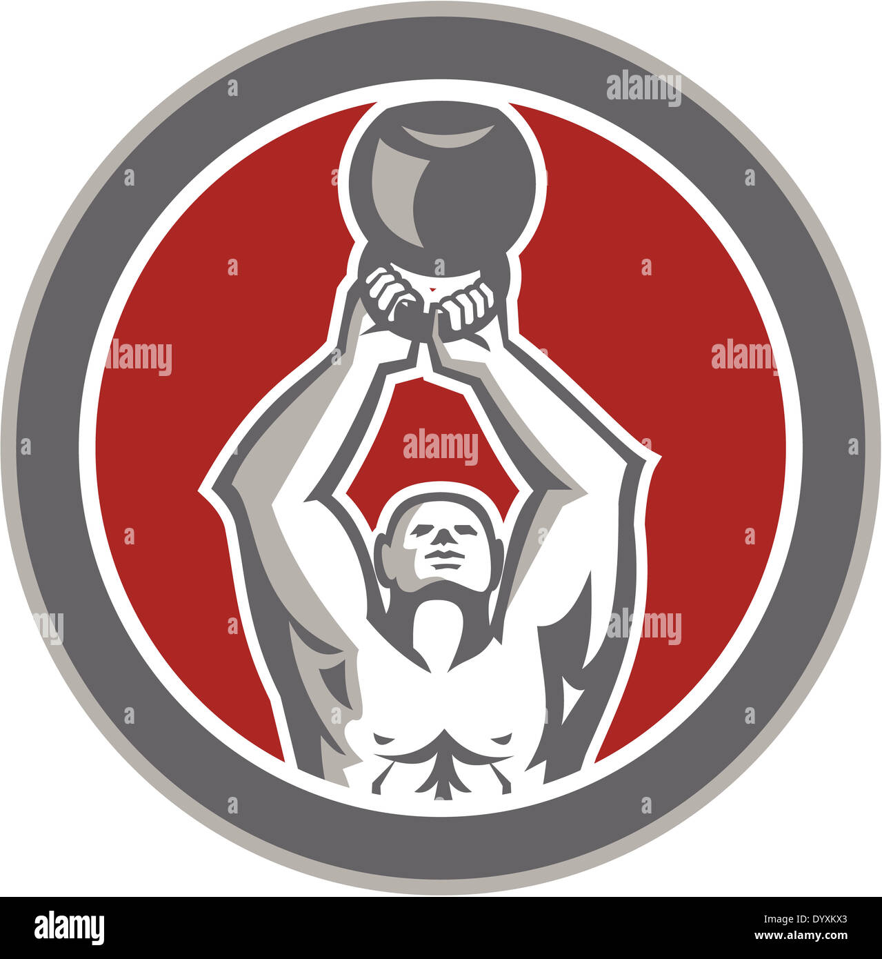 Illustration of a strongman athlete muscle-up lifting kettlebell facing front set inside circle shape done in retro style on isolated white background. Stock Photo