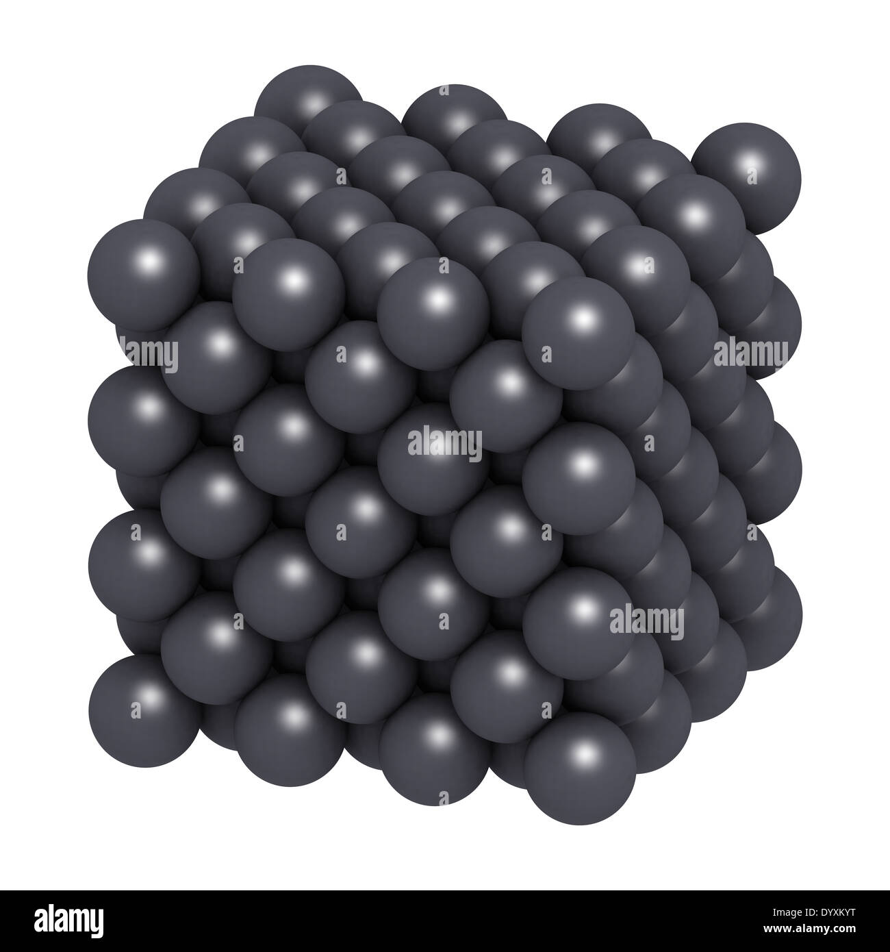 Silver metal (Ag), crystal structure. Atoms are represented as spheres. Stock Photo