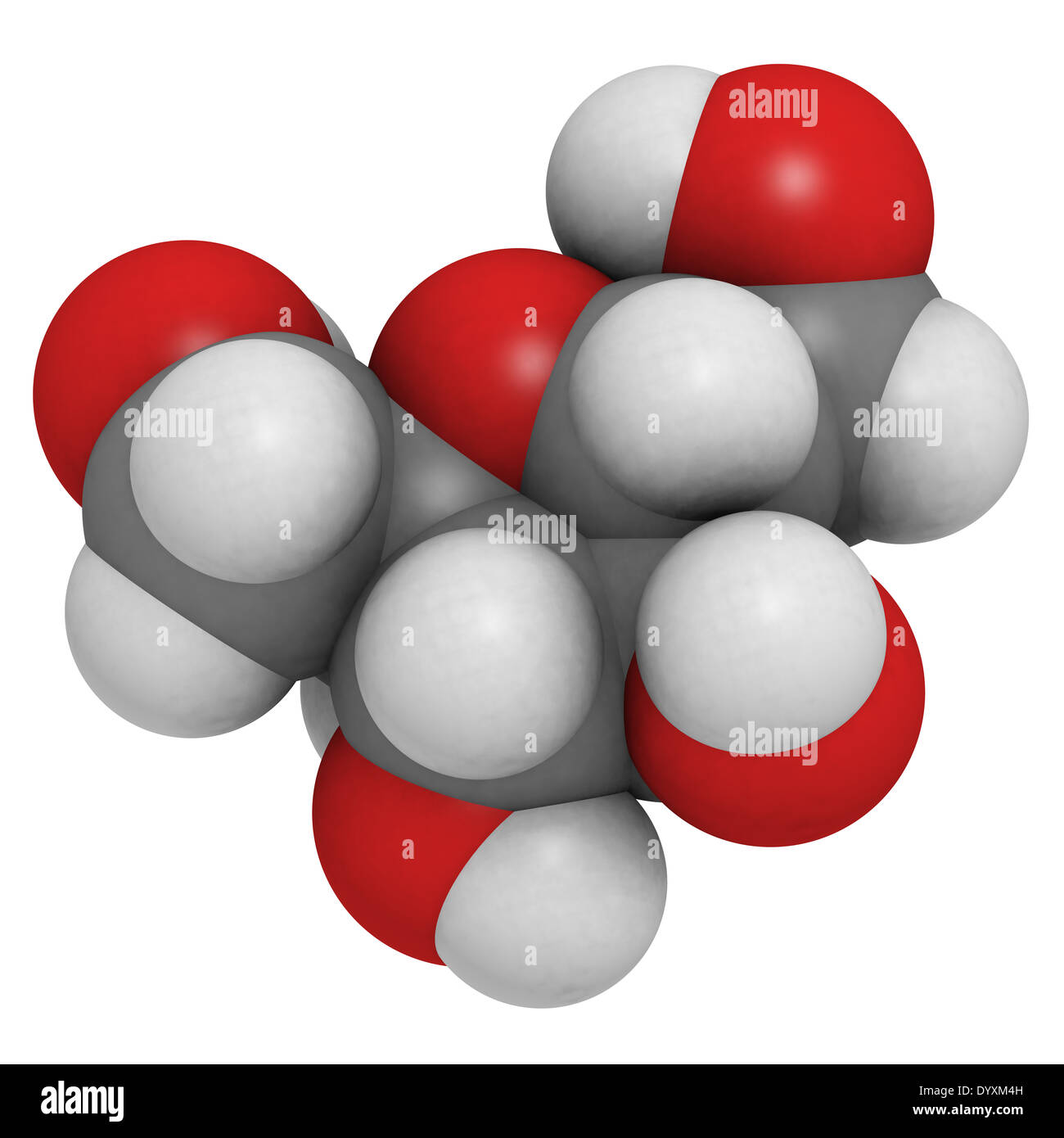 Fructose (fruit sugar) molecule. Atoms are represented as spheres with conventional color coding Stock Photo