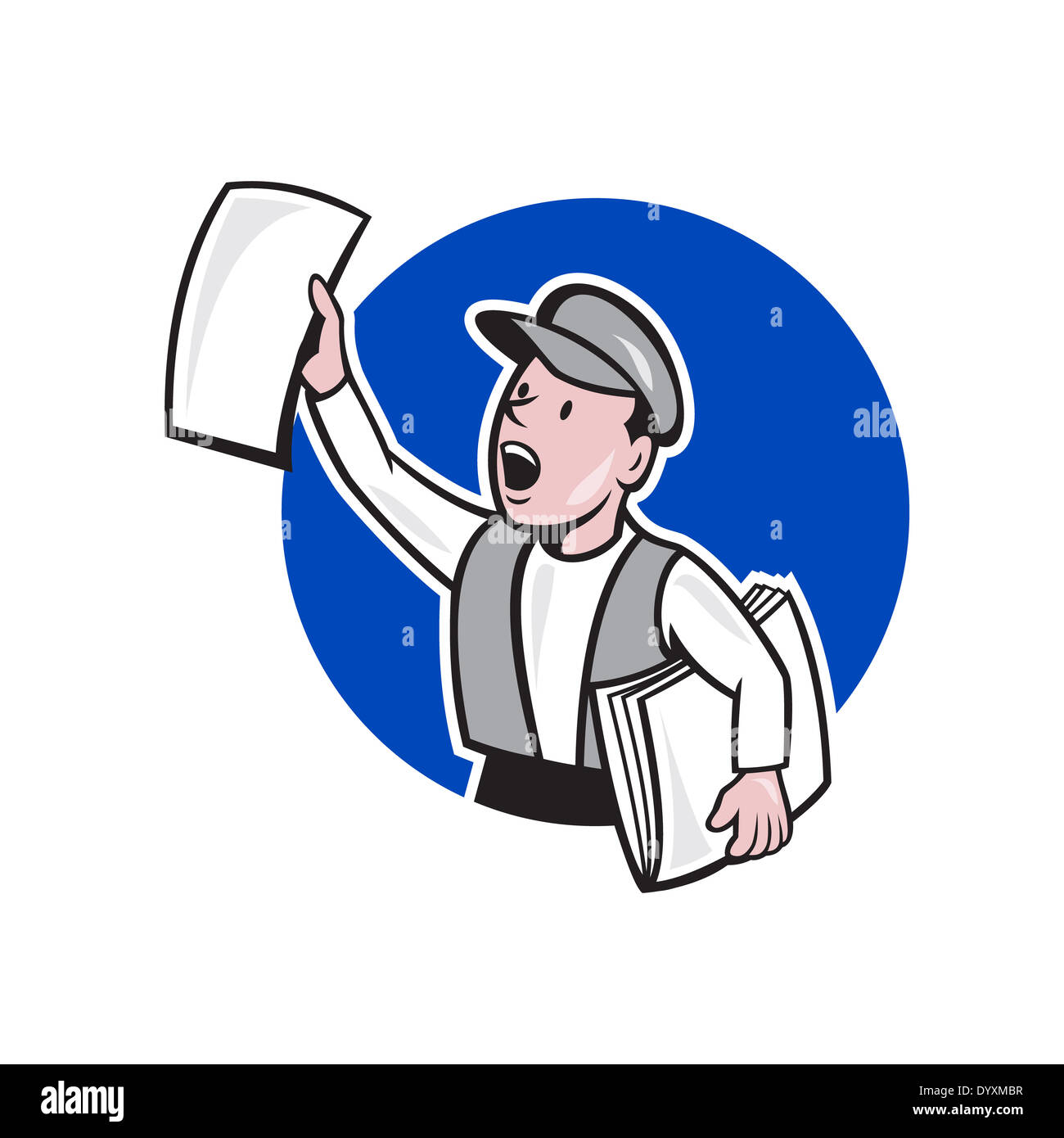 Illustration of a newsboy shouting selling newspaper on isolated