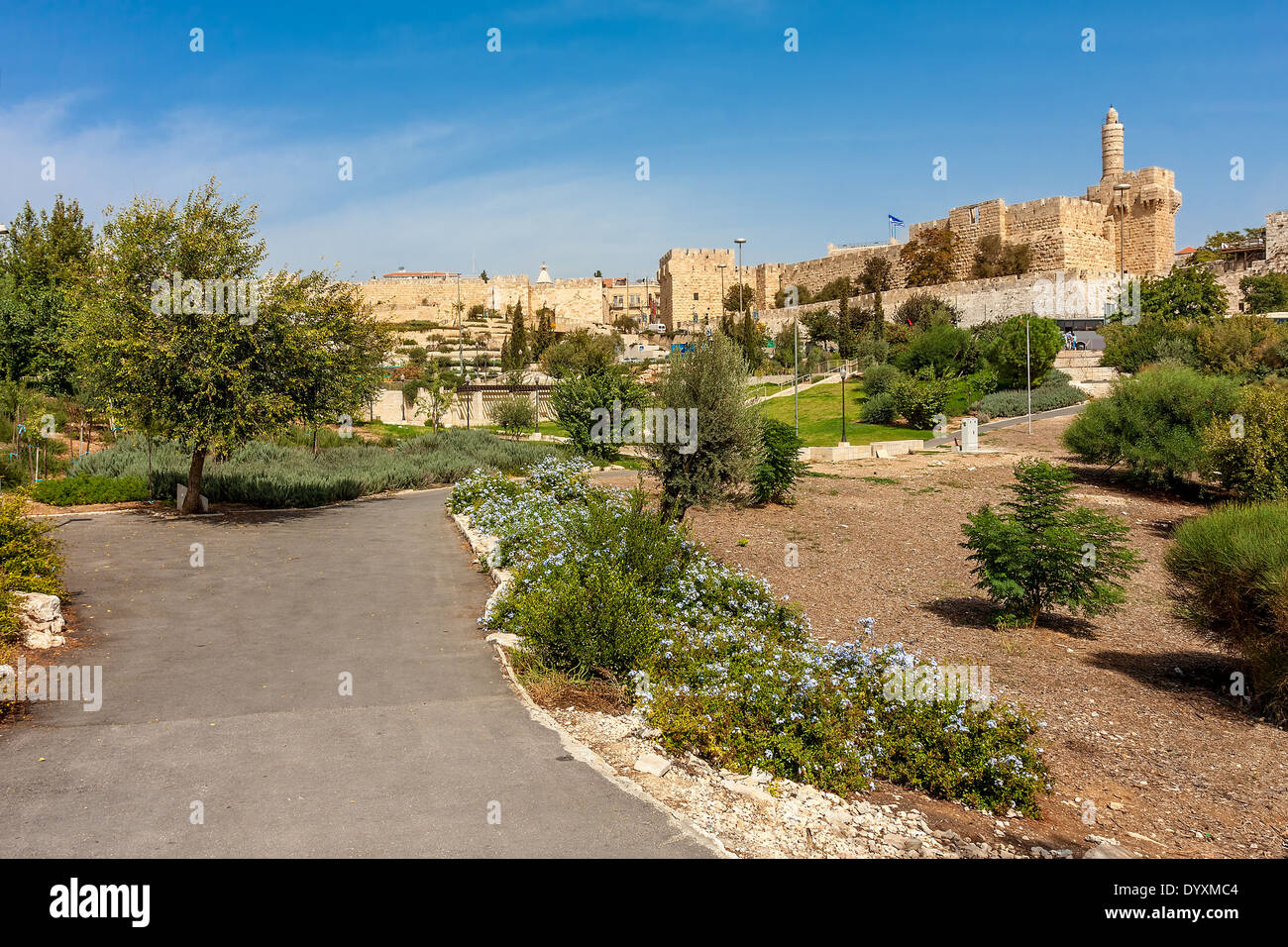 Tower of David and ancient City walls as seen from urban park in Jerusalem, Israel. Stock Photo