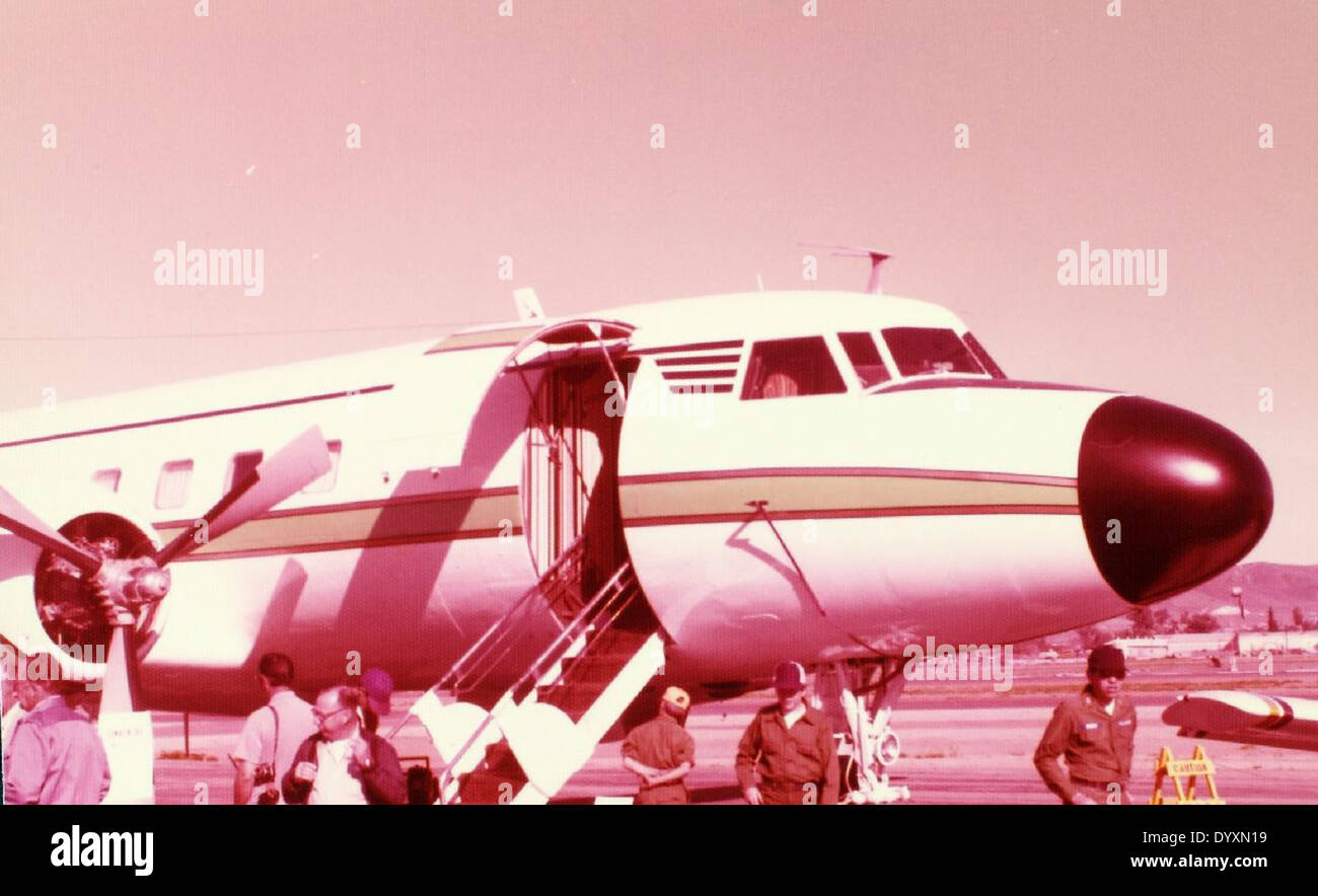 The Convair CV-240, an early commercial airliner, was introduced in the 1940s. It was used primarily for short- to medium-range flights, offering a significant advancement in air travel during its era and showcasing Convair’s role in the development of commercial aviation. Stock Photo