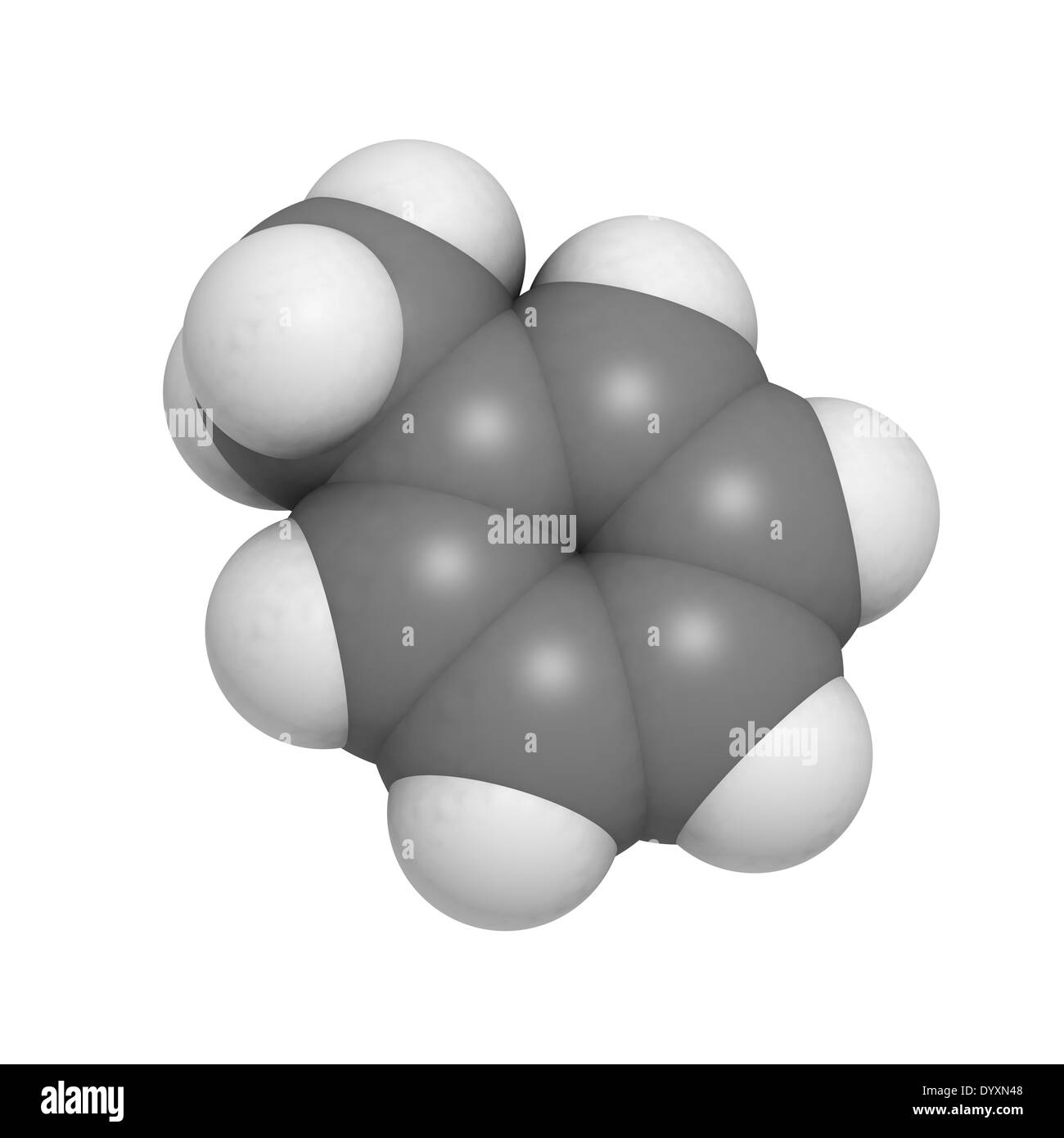 Toluene chemical solvent molecule. Atoms are represented as spheres with conventional color coding Stock Photo