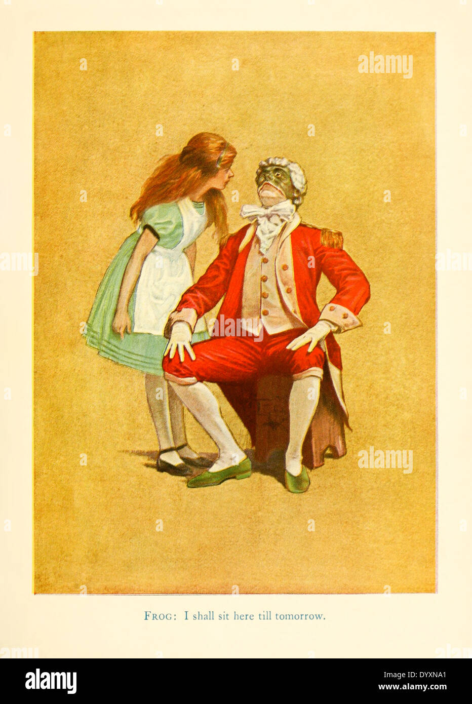 Alice and the Frog Footman, from for the 1915 stage adaptation of 'Alice in Wonderland' by Lewis Carroll, illustration by James Allen St. John (1872-1957). See description for more information. Stock Photo