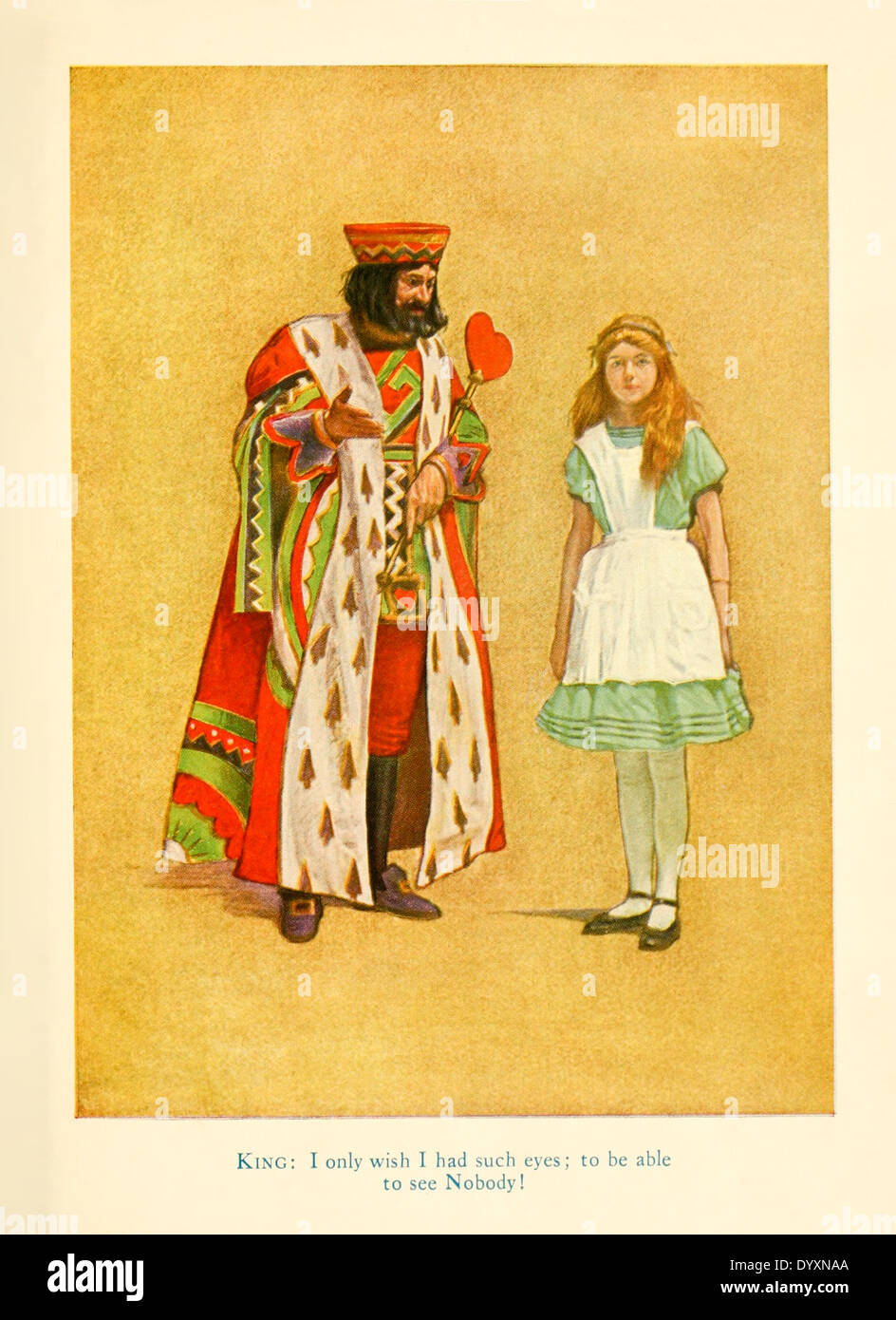 Alice and King of Hearts, from for the 1915 stage adaptation of 'Alice in Wonderland' by Lewis Carroll, illustration by James Allen St. John (1872-1957). See description for more information. Stock Photo
