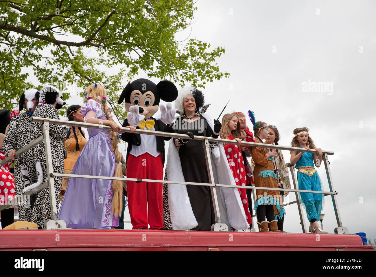 Biggin Hill,UK,27th April 2014, A fire engine with Disney characters on top led a procession of the Positive Path walkers who are raising money for the the Chartwell Cancer Trus Credit: Keith Larby/Alamy Live News Stock Photo