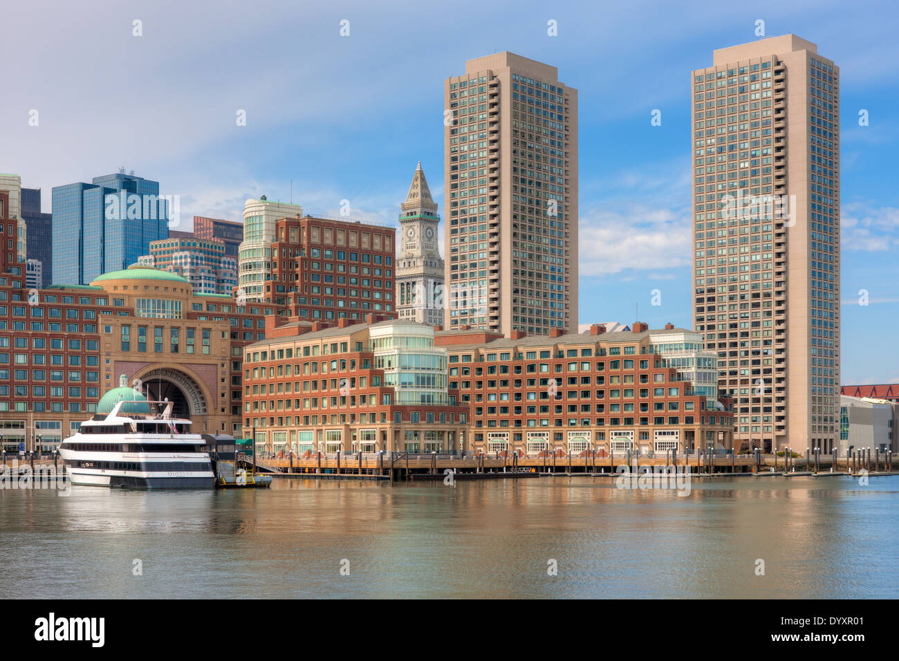 Part of the waterfront skyline including the Boston Harbor Hotel at Rowes Wharf and the Harbor Towers in Boston, Massachusetts. Stock Photo