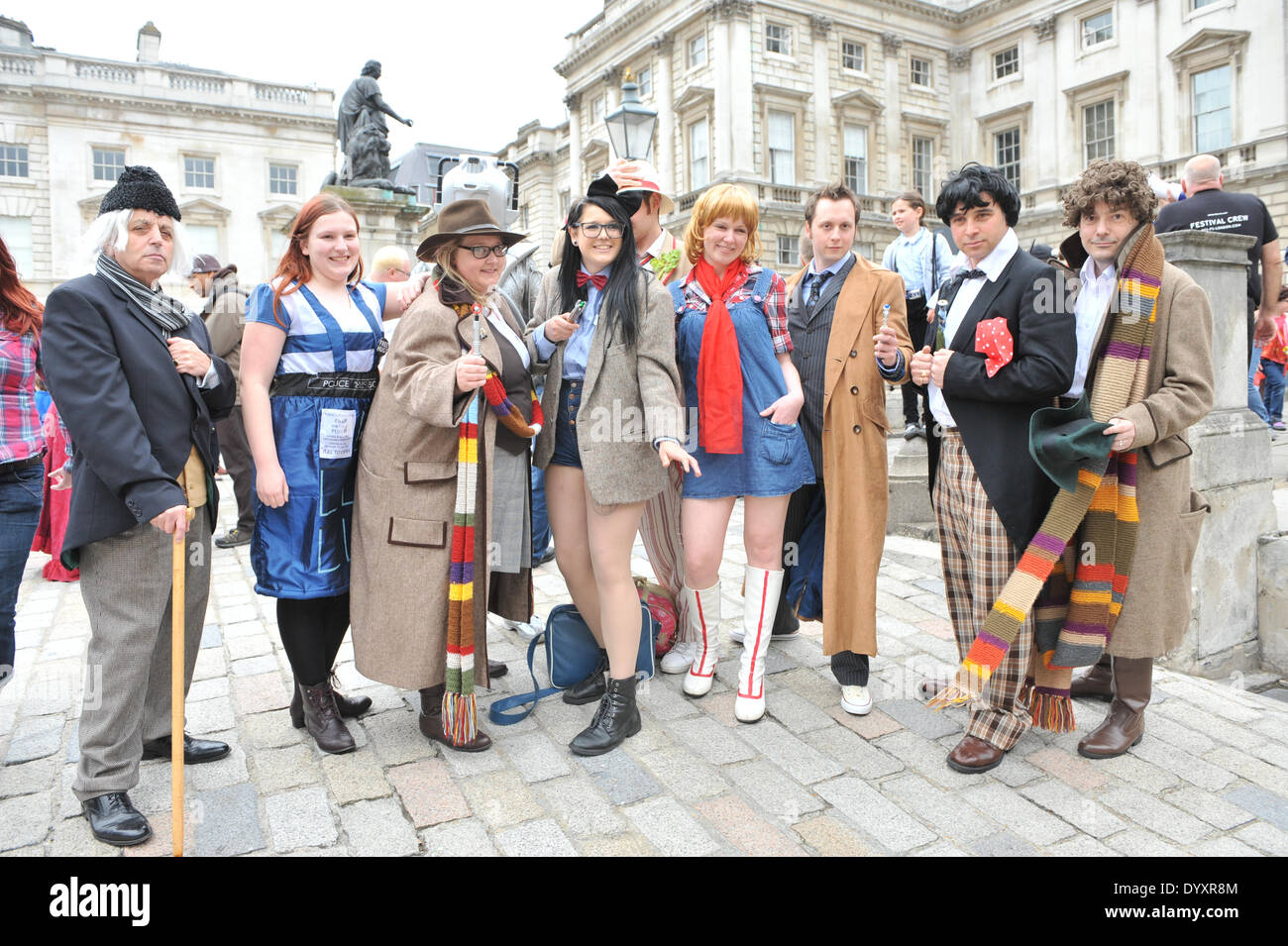 Somerset House, London, UK. 27th April 2014. A colection of Doctor Who's pose in Somerset House for the Sci-Fi London Festival Costume Parade. Credit:  Matthew Chattle/Alamy Live News Stock Photo