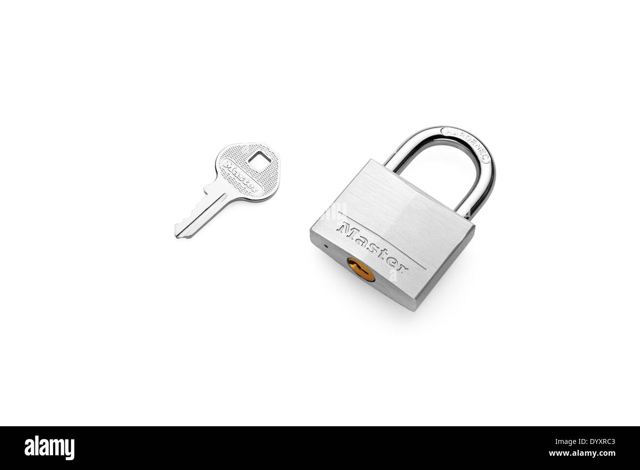 a steel padlock and key on a white background Stock Photo - Alamy