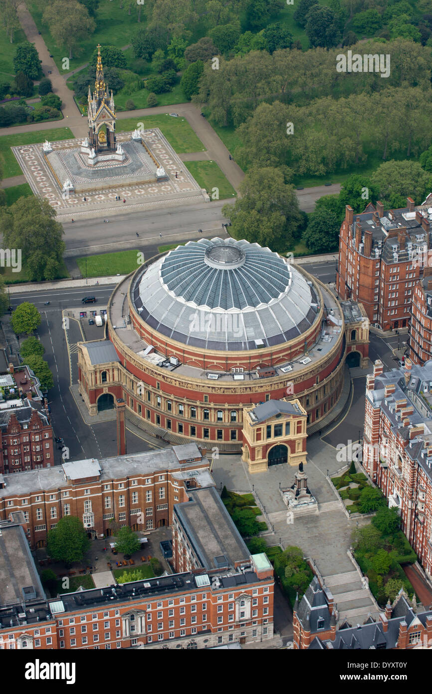 Royal Albert Hall, London, aerial view. Albert Memorial beyond. Looking north. Stock Photo
