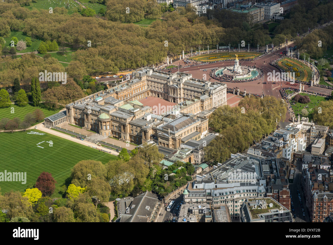 Aerial view of Buckingham Palace, the garden, the Victoria memorial and